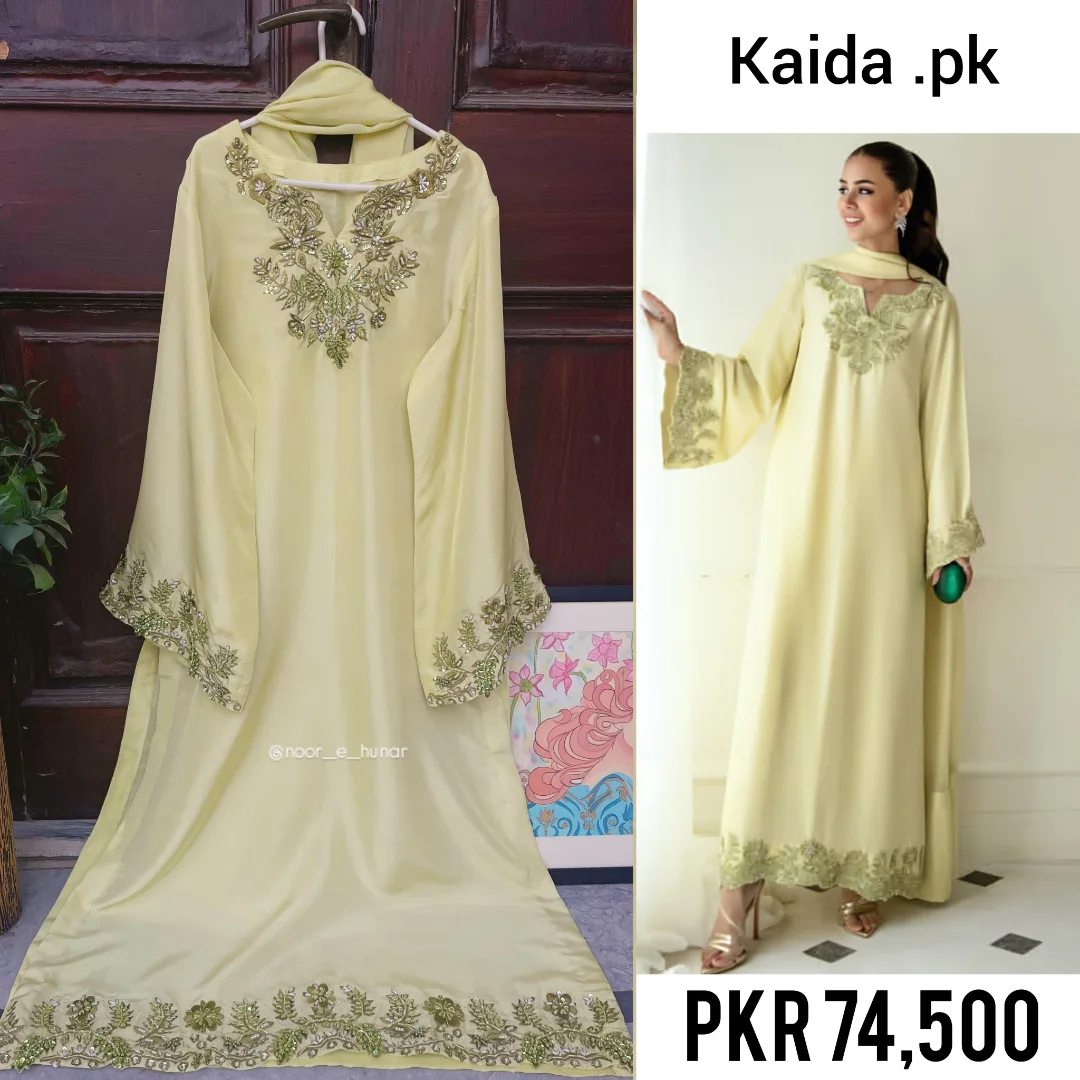Pale lemon dress with gold embroidery, recreated in budget