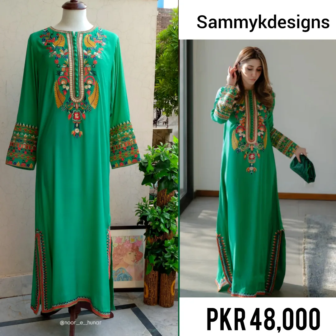 Green embroidered long kurta, designer recreation