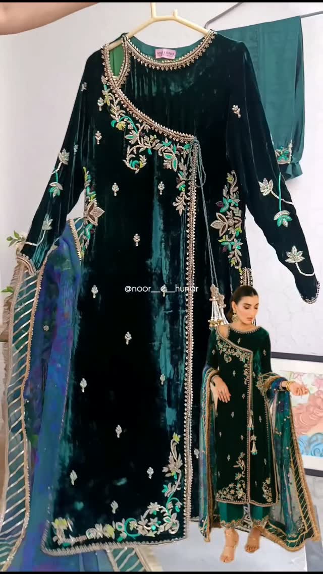 Hand-embroidered emerald velvet ensemble