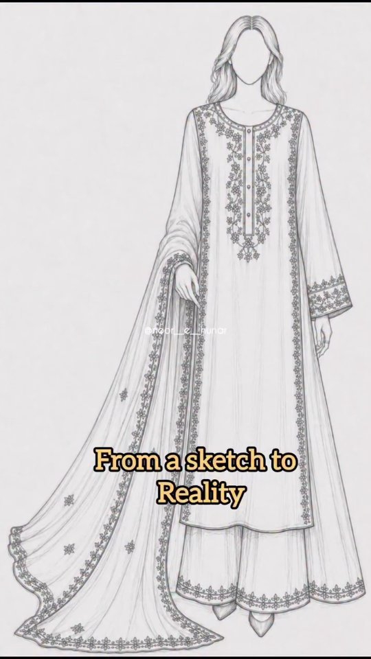 Design sketch of embroidered suit with dupatta