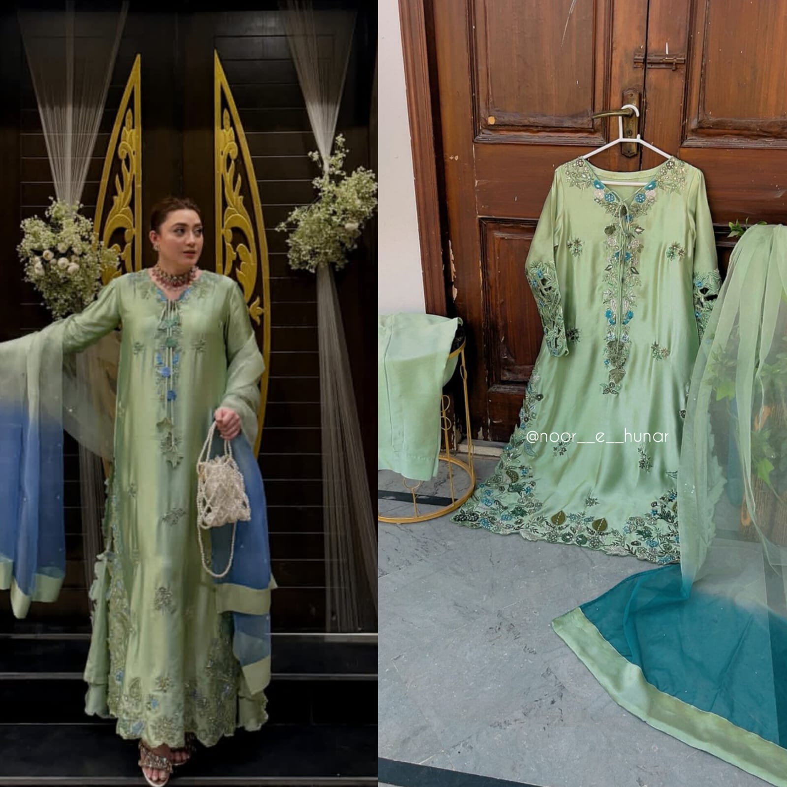Pale yellow silk maxi with gold border embroidery
